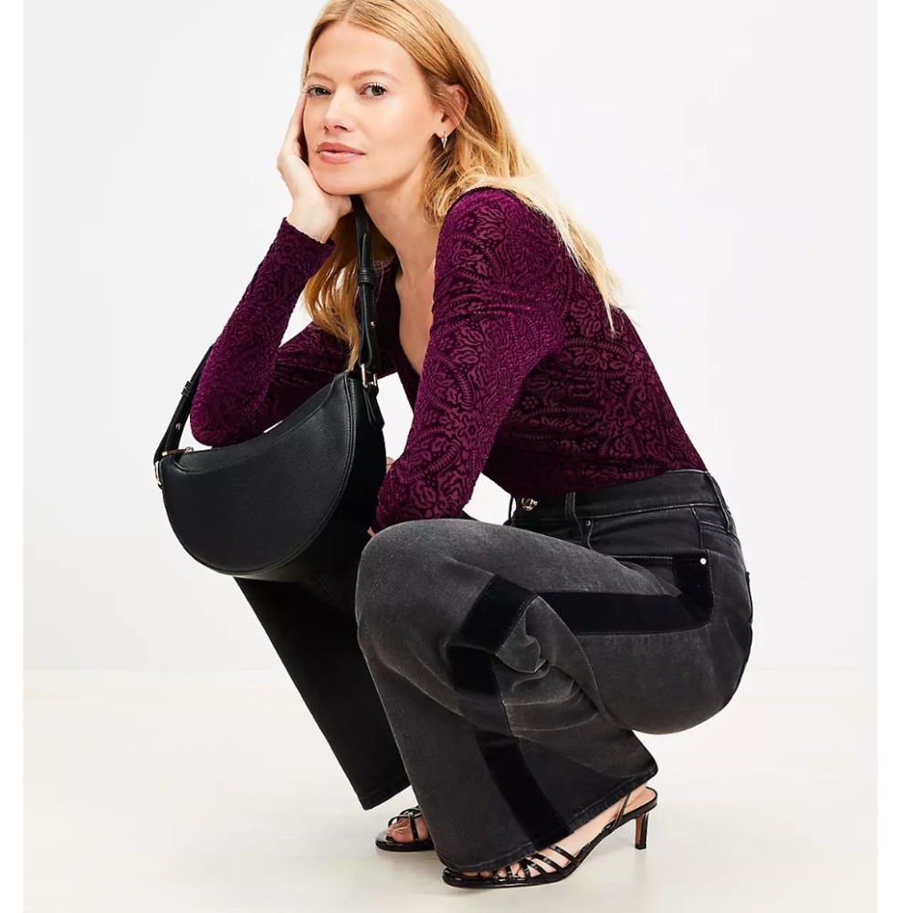 Petite Velvet Stripe High Rise Wide Leg Jeans in Washed Black